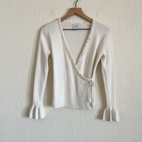 Ann Taylor Sweaters - Vintage Y2K Ann Taylor Loft Ballet Wrap V-Neck Ruffle Trim Sweater Medium Ivory